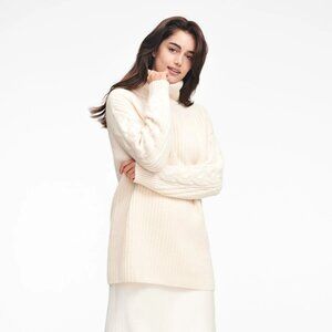 Naadam Cream Cable Knit Sleeve Turtleneck Wool Cashmere Sweater